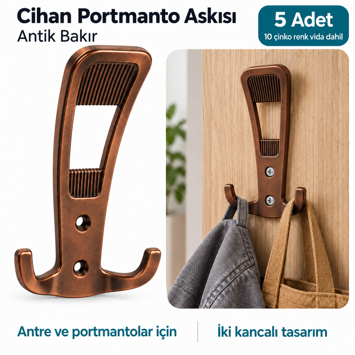 Hobidabi Cihan Uzun Portmanto Askısı, Antik Bakır, 5 Adet, 10 Montaj Vidası Dahil