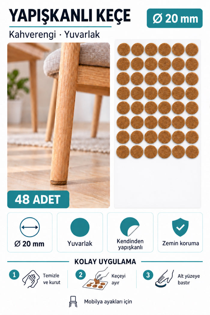 Yapışkanlı Keçe Ped, Kahverengi, Yuvarlak, Sandalye Koltuk Ayağı için, Zemin Koruma, Gürültü Önleme (20mm)
