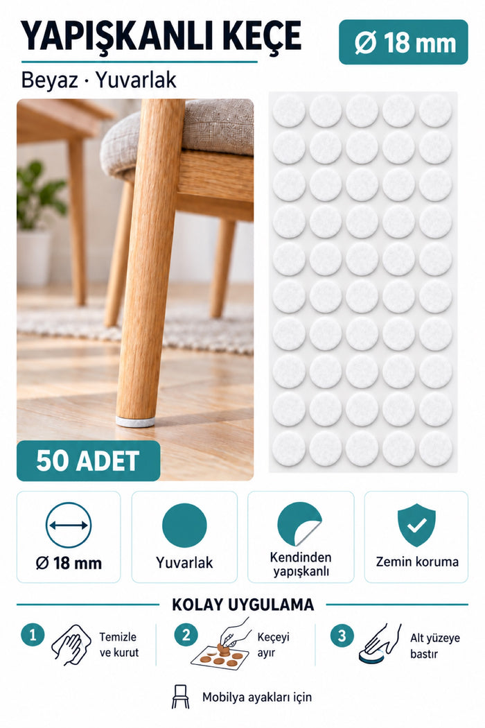 Yapışkanlı Keçe Ped, Beyaz, Yuvarlak, Sandalye Koltuk Ayağı için, Zemin Koruma, Gürültü Önleme (18mm)