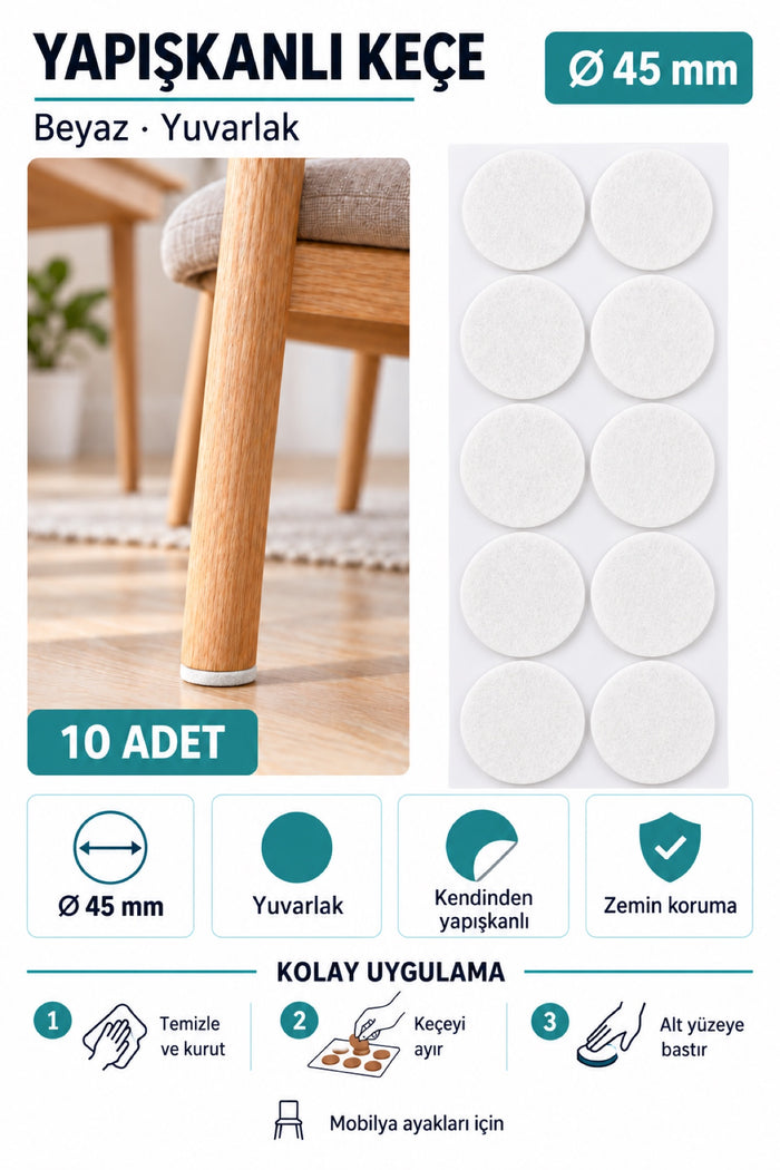 Yapışkanlı Keçe Ped, Beyaz, Yuvarlak, Sandalye Koltuk Ayağı için, Zemin Koruma, Gürültü Önleme (45mm)