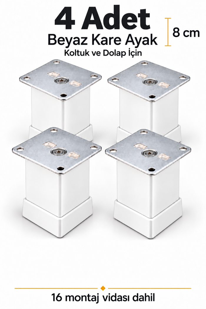 Hobidabi Beyaz Kare Metal Mobilya Ayağı 8 cm 40x40 mm 4 Adet + 16 Montaj Vidası