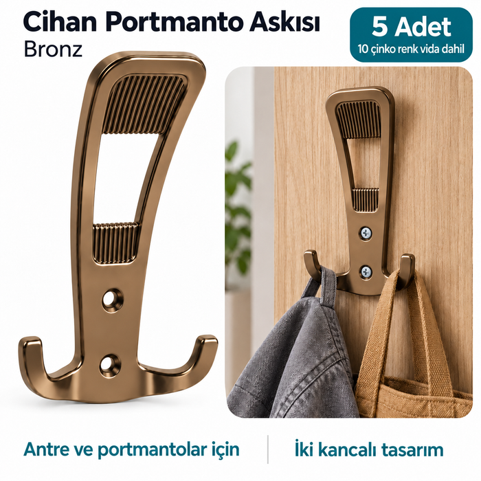 Hobidabi Cihan Uzun Portmanto Askısı, Bronz, 5 Adet, 10 Montaj Vidası Dahil