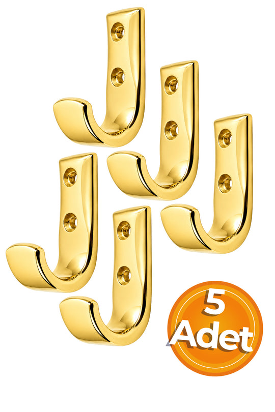 Altın Sarı Metal Elbise Askısı, Duvar Montaj Askılık, 5x3x1.8 cm, Montaj Vidaları Dahil, 5 Adet
