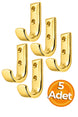 Altın Sarı Metal Elbise Askısı, Duvar Montaj Askılık, 5x3x1.8 cm, Montaj Vidaları Dahil, 5 Adet
