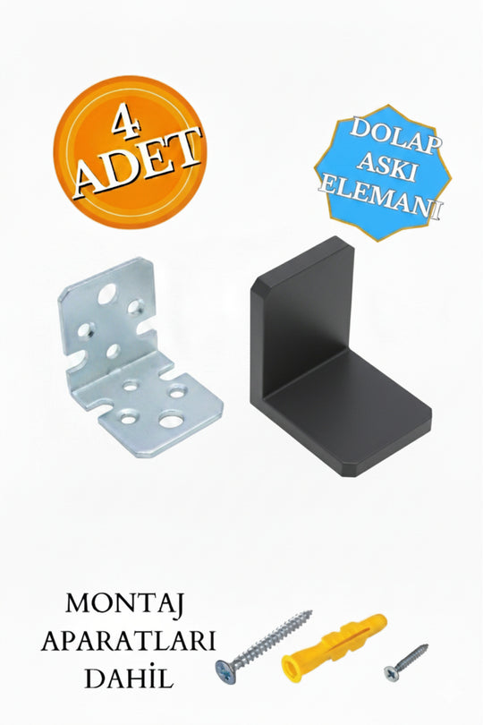 4 Ad. Ağır Dolap Duvar Montaj Askı Sabitleme Seti Antrasit - Deprem Mobilya Eşya Sabitleyici Aparat