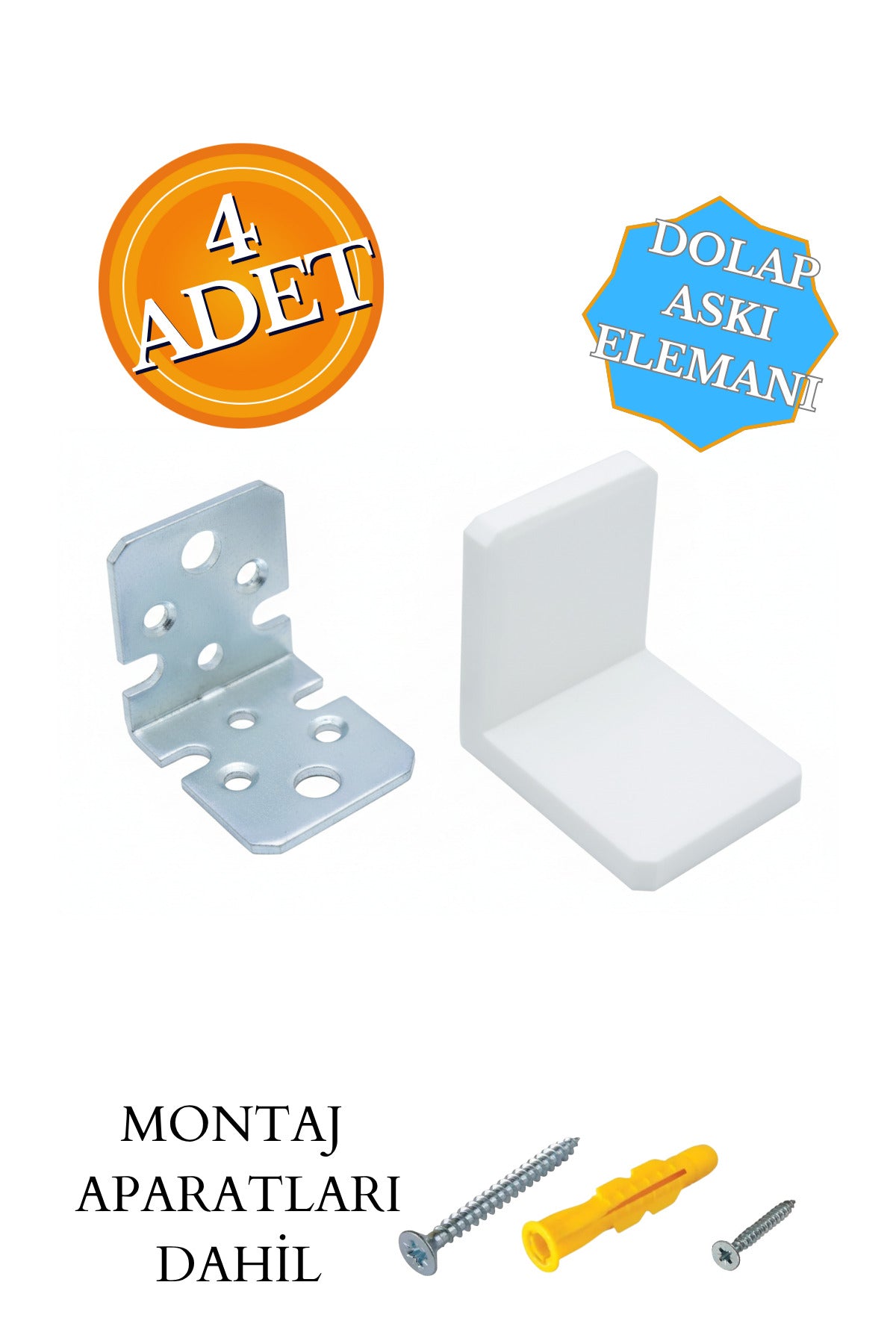4 Ad. Ağır Dolap Duvar Montaj Askı Sabitleme Seti Beyaz- Deprem Mobilya Eşya Sabitleyici Aparat
