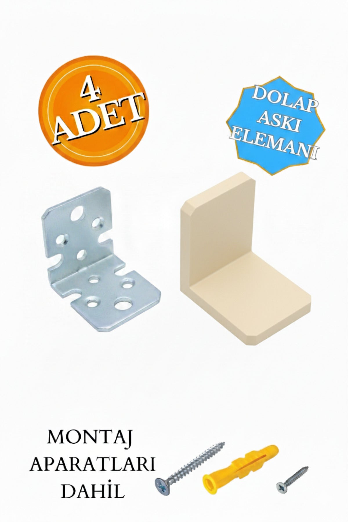 4 Ad. Ağır Dolap Duvar Montaj Askı Sabitleme Seti Krem- Deprem Mobilya Eşya Sabitleyici Aparat