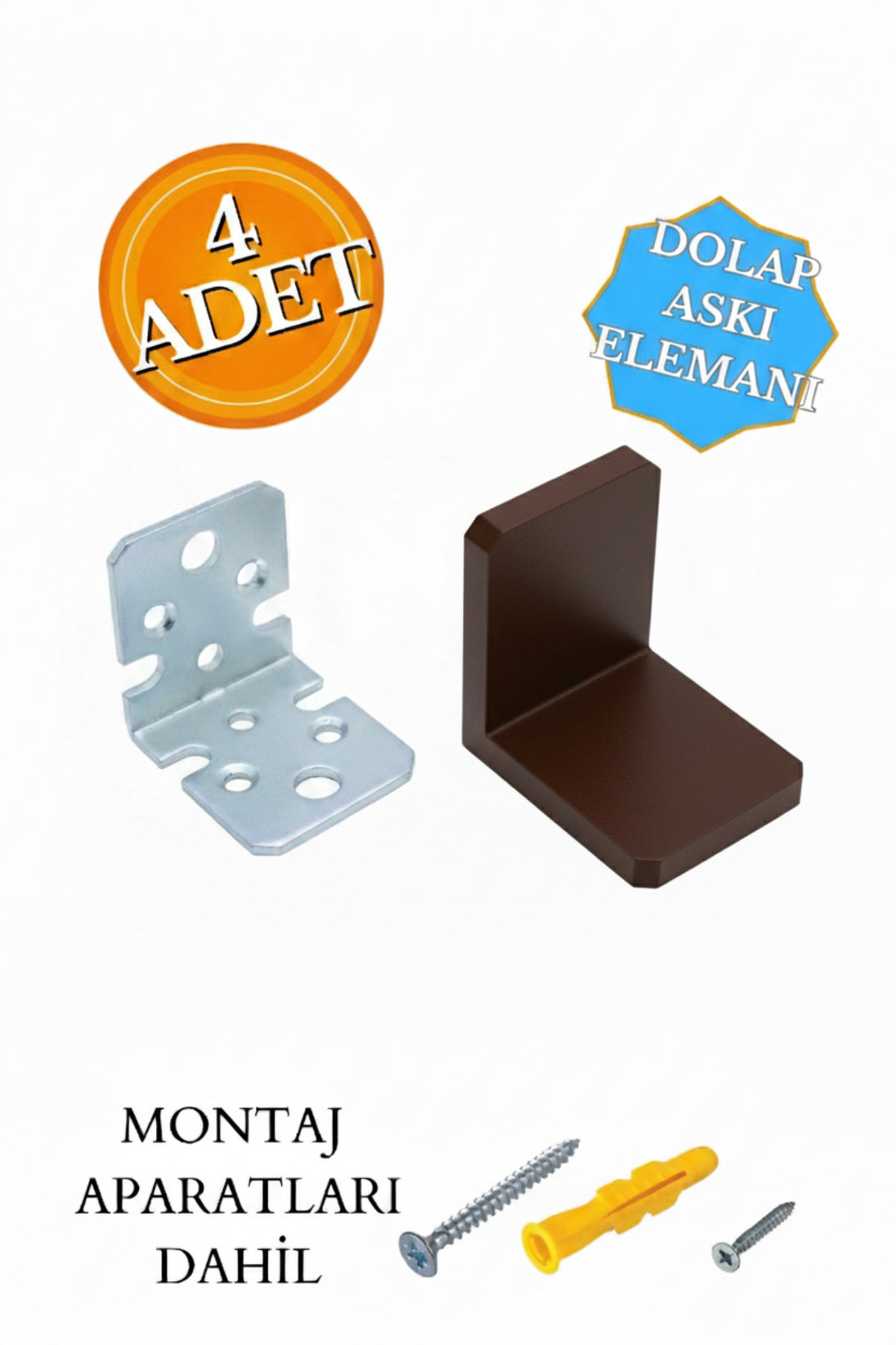 4 Ad. Ağır Dolap Duvar Montaj Askı Sabitleme Seti Kahve - Deprem Mobilya Eşya Sabitleyici Aparat