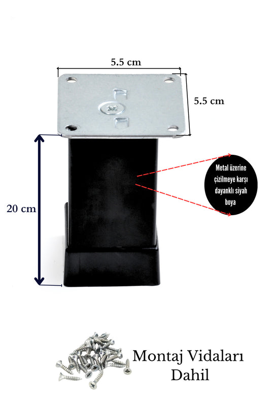 20 Cm Metal Düz Kare 40x40 Mobilya Koltuk Ayak Siyah Paslanmaz