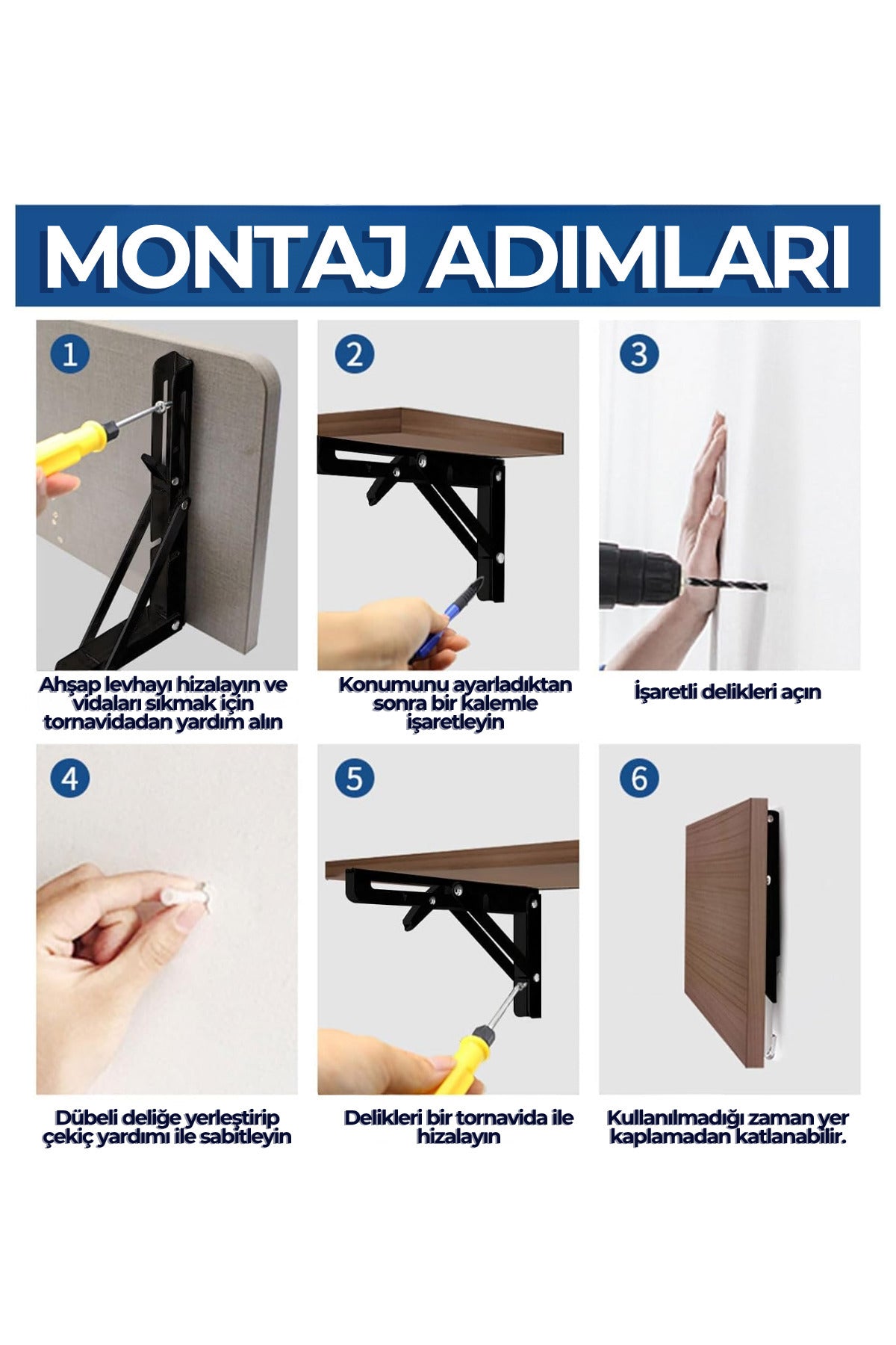 40 cm Beyaz 1 Takım Mandallı Katlanabilir Masa Konsolu - Aç Kapa Duvara Monte Katlanır L Raf Ayağı
