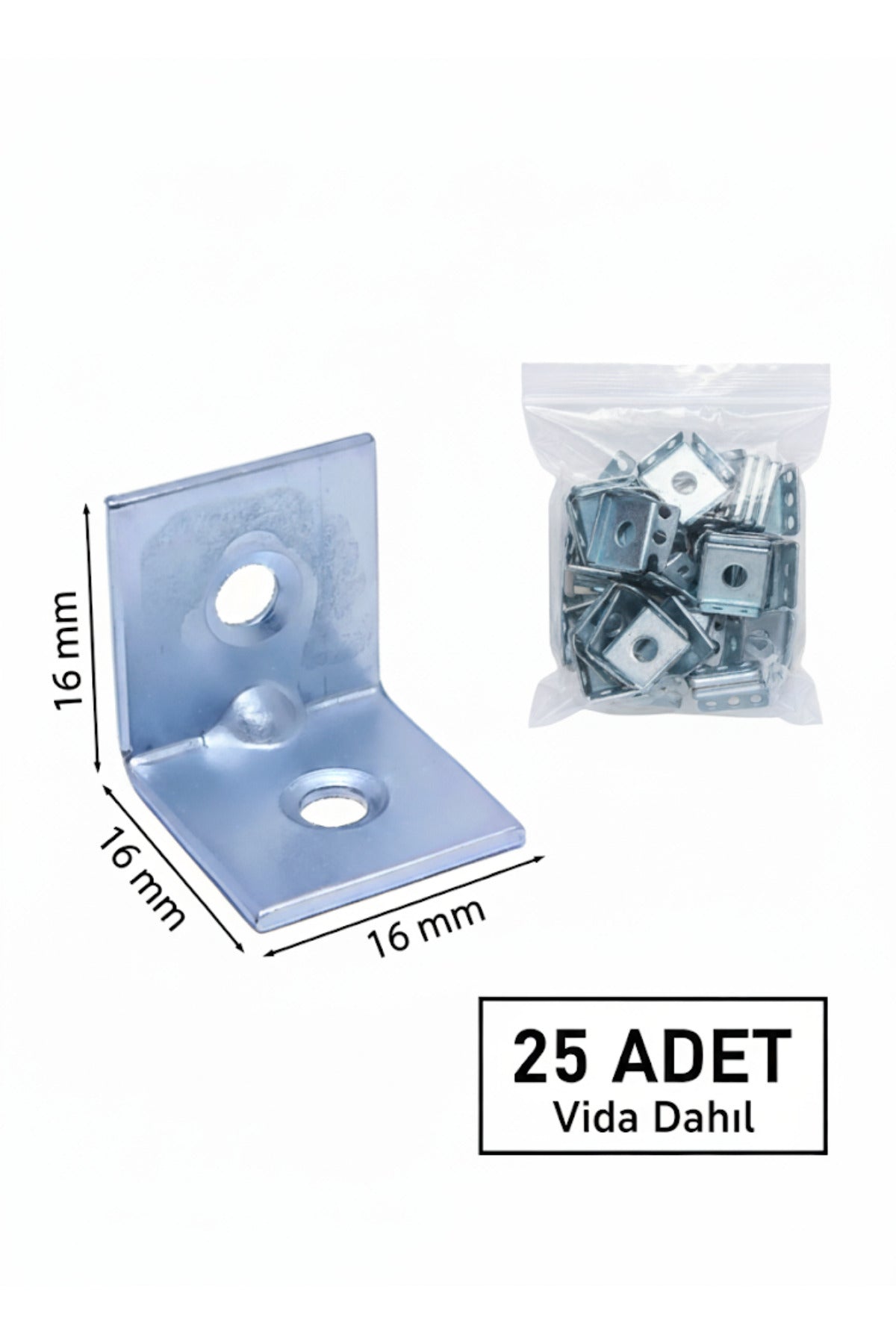25 Ad L Demir Gönye Köşebent 16x16x16mm- Mobilya Dolap Köşe Birleştirme Bağlantı Aparatı