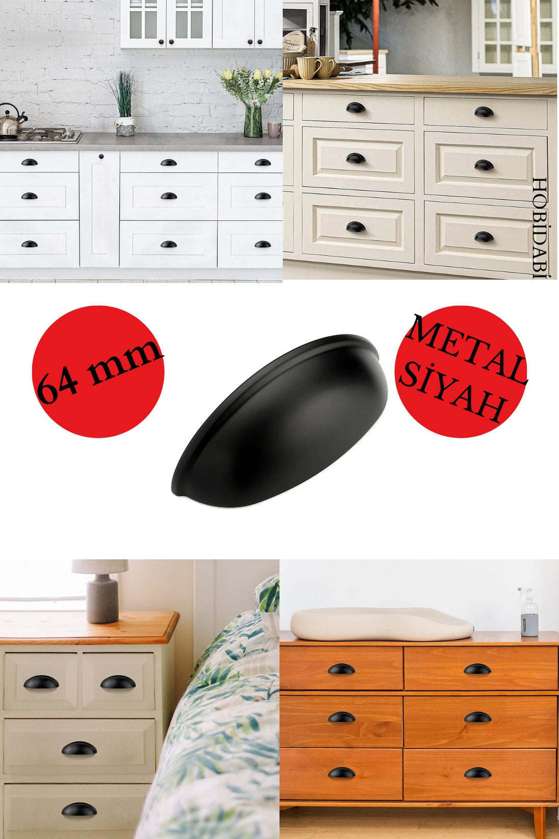Metal 64 Mm Siyah Tas Mobilya Kulpu Midye Çanak Mat Siyah Dolap Çekmece Vestiyer