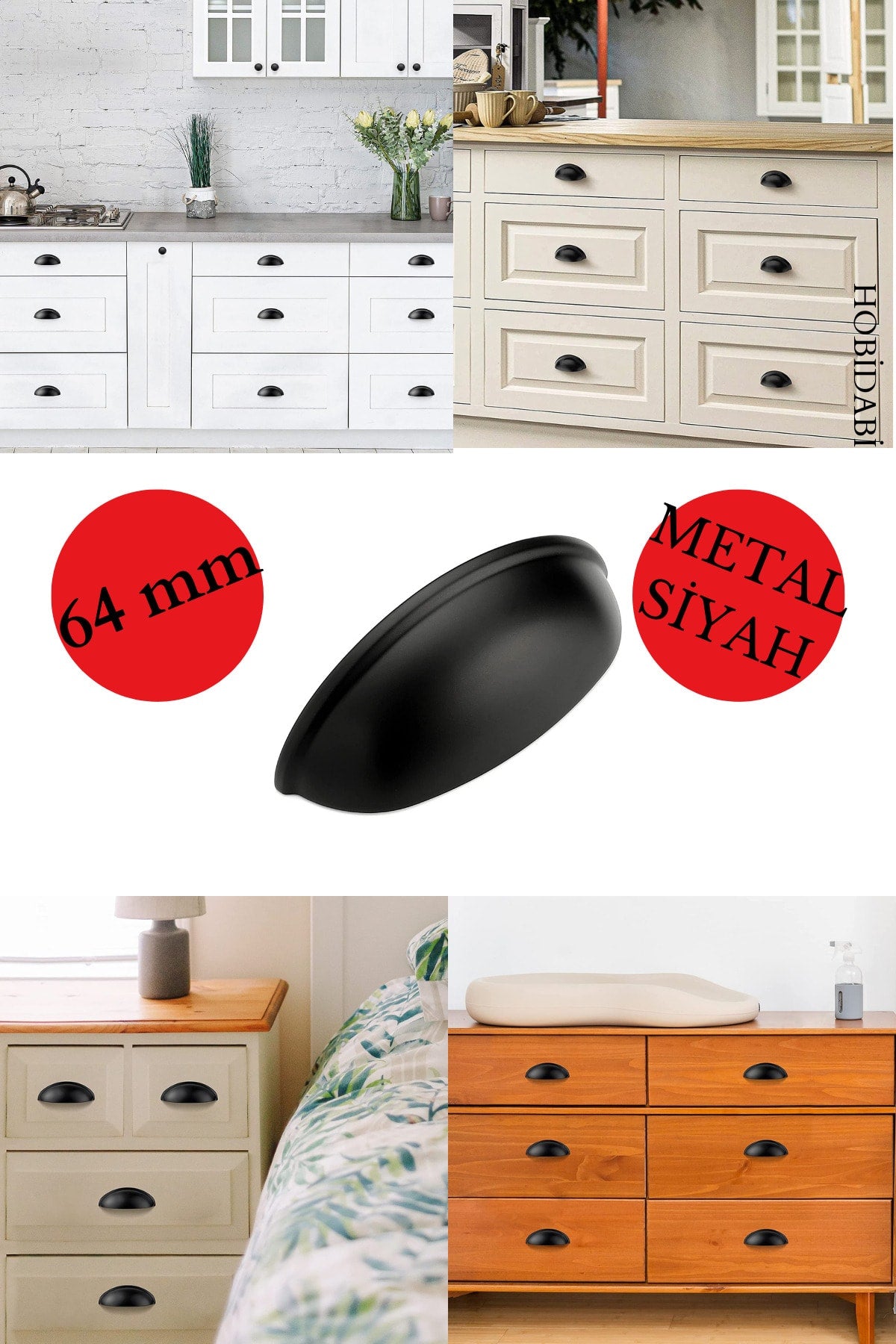 Metal 64 Mm Siyah Tas Mobilya Kulpu Midye Çanak Mat Siyah Dolap Çekmece Vestiyer