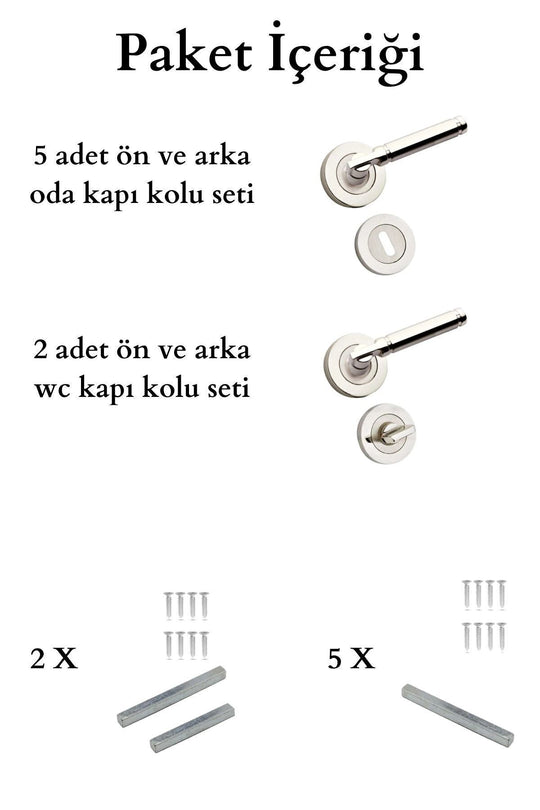 Saten Kapı Kolu Verda Rozetli 3 1 Daire Seti (7 TAKIM) Nikel Saten Oda