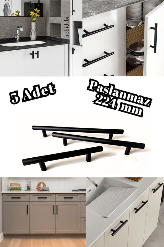 224 Mm Paslanmaz Siyah Kulp 5 Adet Mobilya Çekmece Vestiyer Mutfak Dolap Kulbu