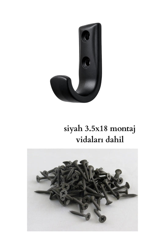 Siyah Metal Elbise Askısı, Duvar Montaj Askılık, 5x3x1.8 cm, Montaj Vidaları Dahil, 5 Adet