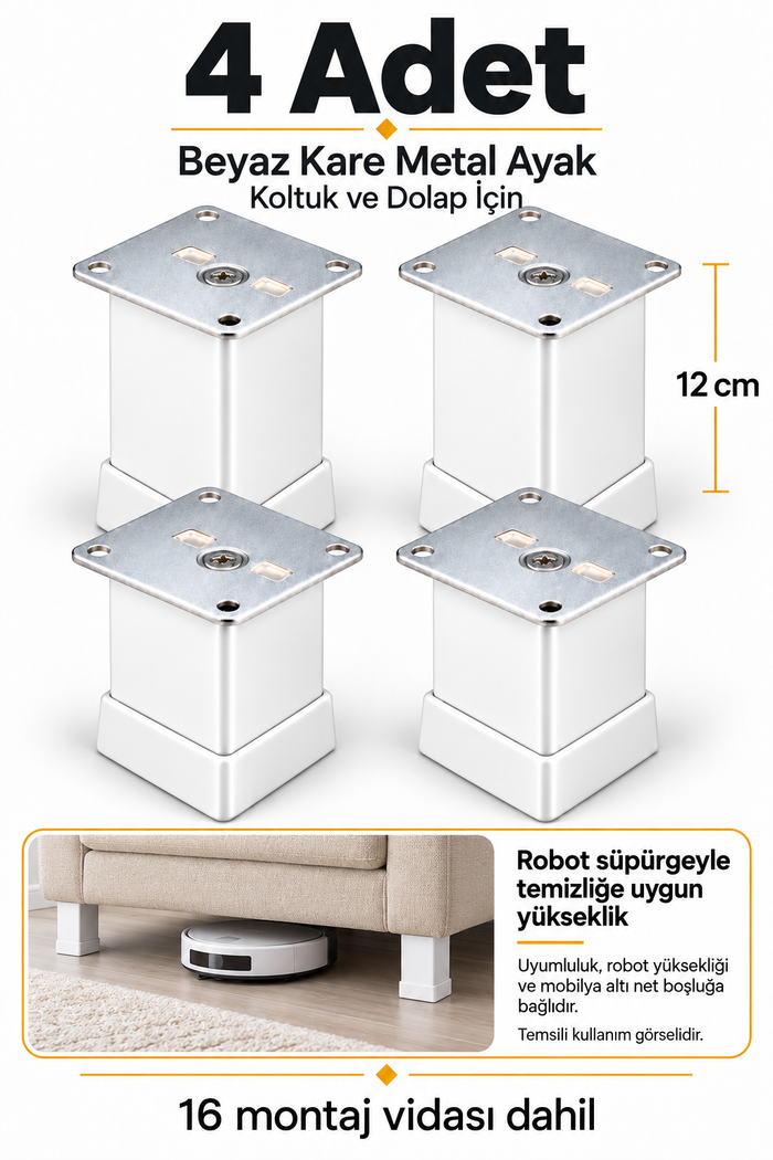 Hobidabi Beyaz Kare Metal Mobilya Ayağı 12 cm 40x40 mm 4 Adet + 16 Montaj Vidası
