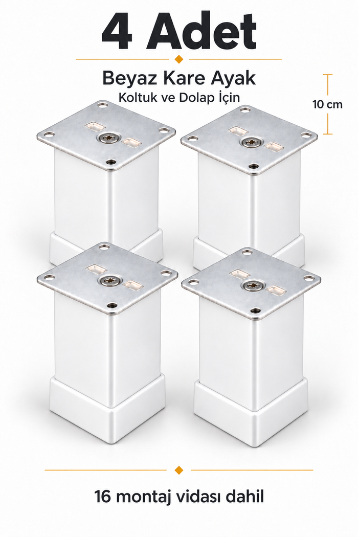 Hobidabi Beyaz Kare Metal Mobilya Ayağı 10 cm 40x40 mm 4 Adet + 16 Montaj Vidası