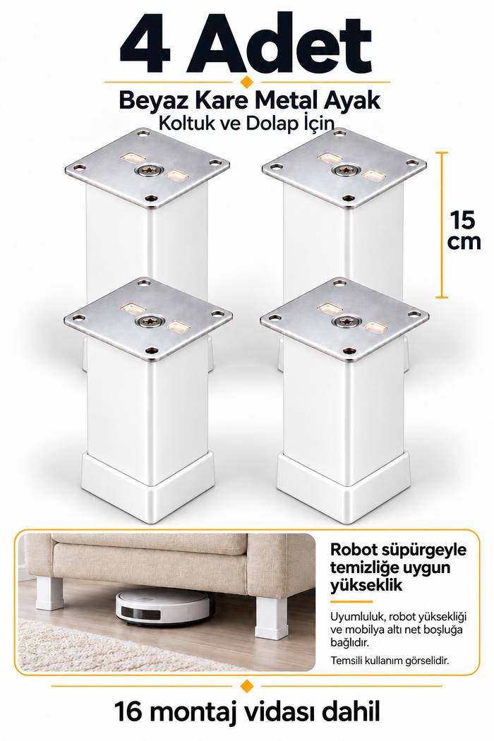 Hobidabi Beyaz Kare Metal Mobilya Ayağı 15 cm 40x40 mm 4 Adet + 16 Montaj Vidası