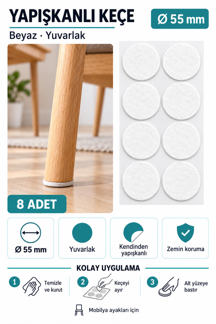 Yapışkanlı Keçe Ped, Beyaz, Yuvarlak, Sandalye Koltuk Ayağı için, Zemin Koruma, Gürültü Önleme (55mm)