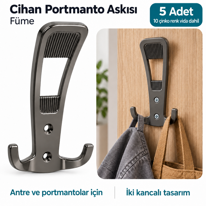 Hobidabi Cihan Uzun Portmanto Askısı, Füme, 5 Adet, 10 Montaj Vidası Dahil