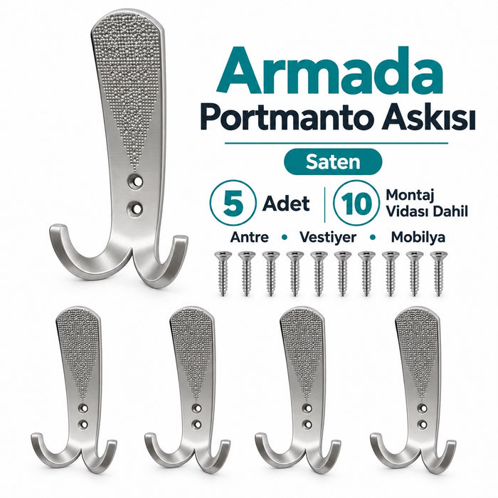 Hobidabi Armada Portmanto Çift Kancalı Metal Duvar Askılığı Saten 13 cm 5 Adet + 10 Montaj Vidası