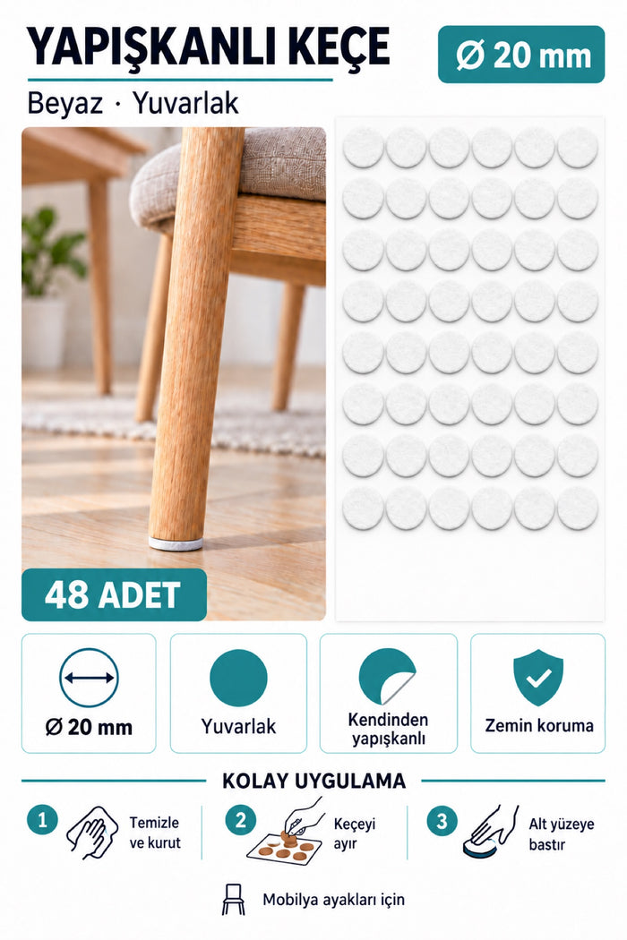 Yapışkanlı Keçe Ped, Beyaz, Yuvarlak, Sandalye Koltuk Ayağı için, Zemin Koruma, Gürültü Önleme (20mm)