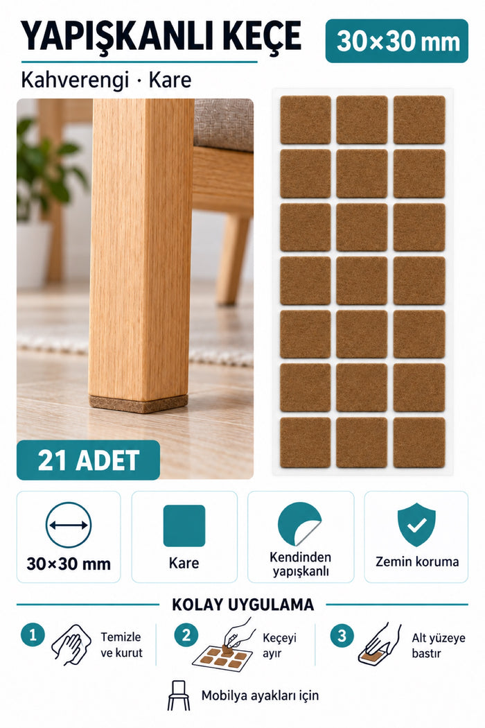 Yapışkanlı Keçe Ped, Kahverengi, Kare, Sandalye Koltuk Ayağı için, Çizilmeyi ve Gürültüyü Önler (30x30)