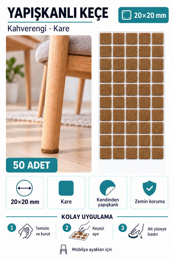Yapışkanlı Keçe Ped, Kahverengi, Kare, Sandalye Koltuk Ayağı için, Çizilmeyi ve Gürültüyü Önler (20x20)