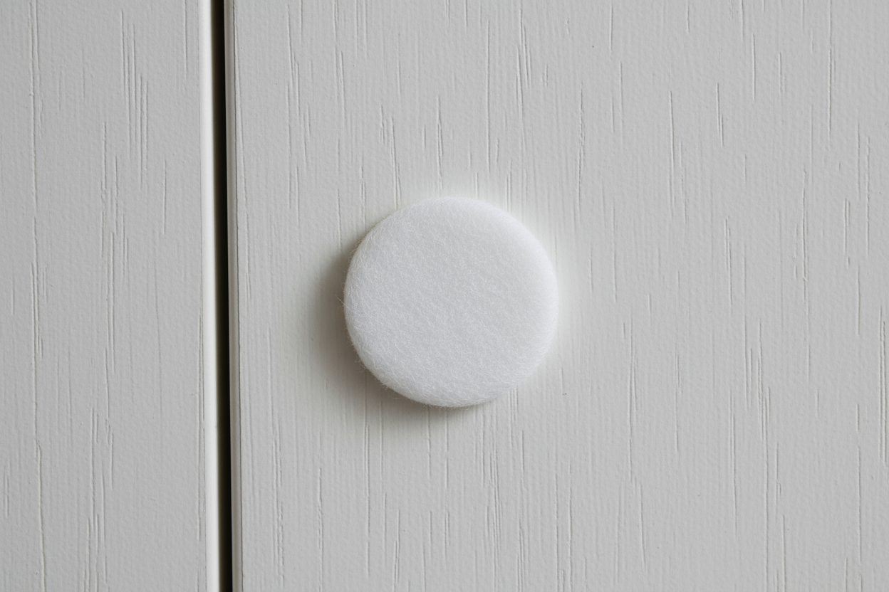 DOLAPTAKİ BİR VİDA İZİNİ KAPATAN MAT BEYAZ BİR KEÇE