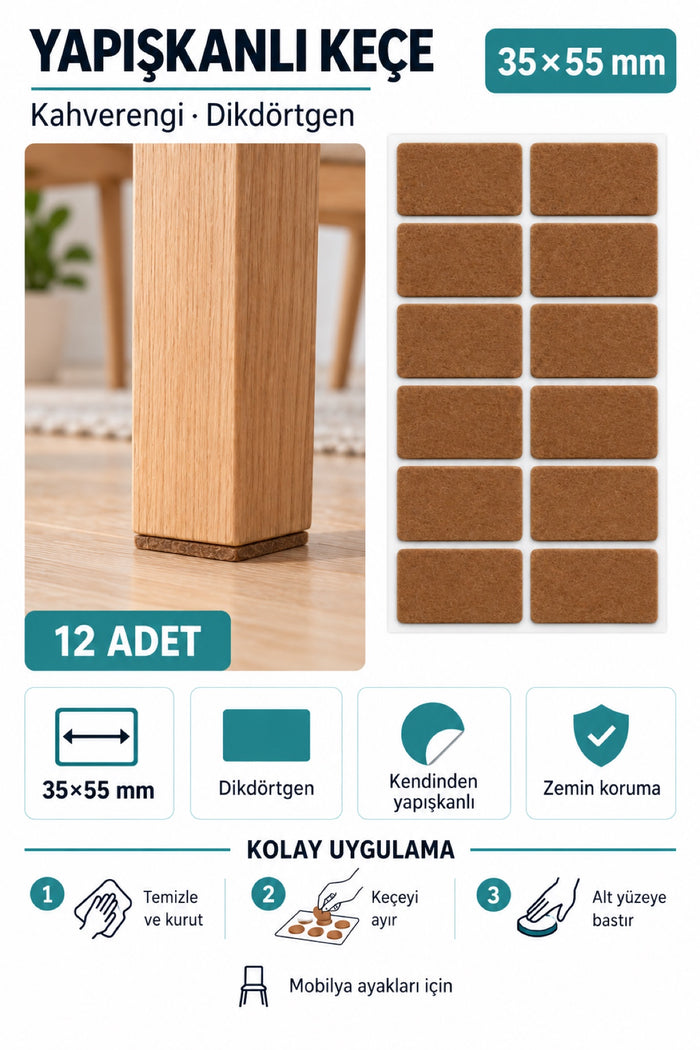 Yapışkanlı Keçe Ped, Kahverengi, Kare, Sandalye Koltuk Ayağı için, Çizilmeyi ve Gürültüyü Önler (35x55)