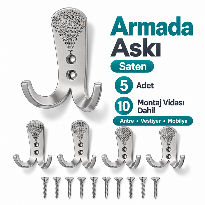 Hobidabi Armada Askı Çift Kancalı Metal Duvar Askılığı Saten 8 cm 5 Adet + 10 Montaj Vidası